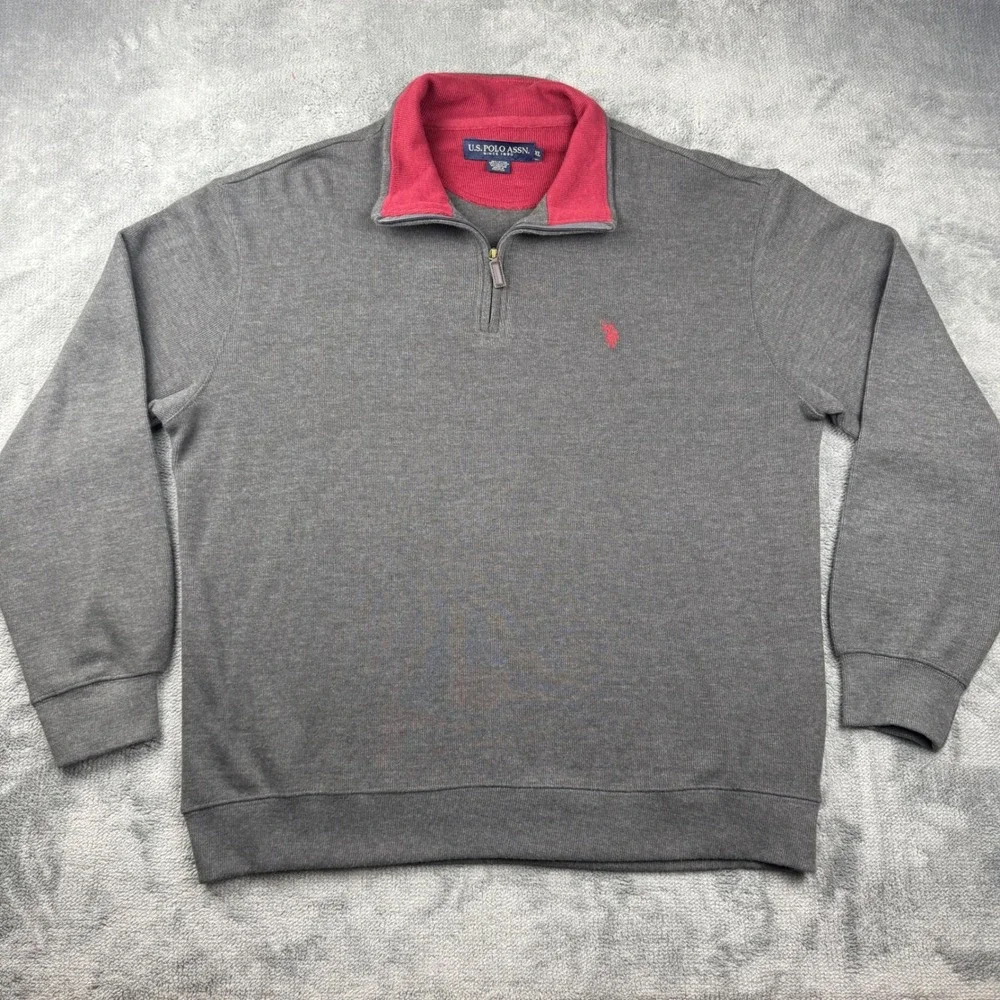 US Polo Assn Mens XL Quarter Zip Pullover Sweater Gray Red Logo Cotton Blend - Picture 1 of 5